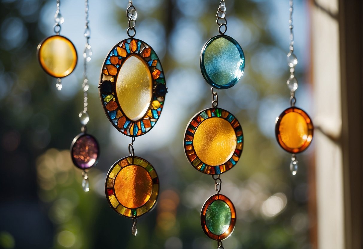 Colorful glass suncatchers hang from a window, casting vibrant patterns across the room. The sunlight filters through, creating a warm and inviting atmosphere in the old home