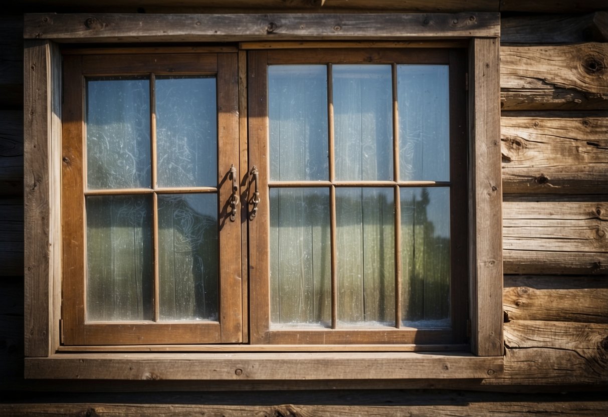 A rustic barn window with aged, wavy glass, framed by weathered wood, hanging as home decor