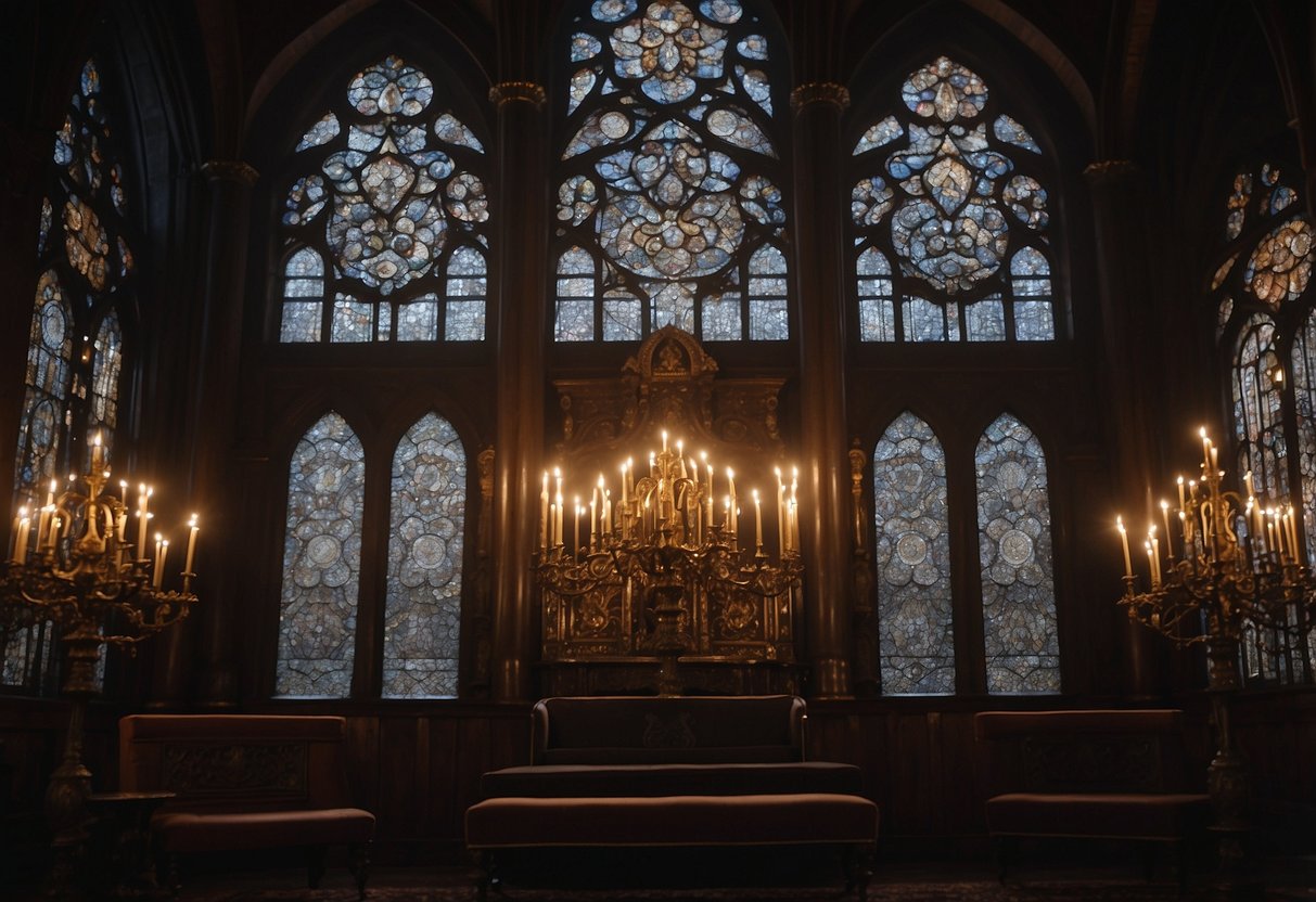 A dimly lit room with ornate furniture, intricate patterns, and heavy drapes. Candelabras and stained glass windows add to the gothic atmosphere