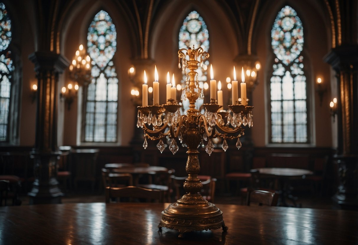 A grand gothic interior with candlestick chandeliers casting a warm glow on ornate furniture and dark, dramatic decor