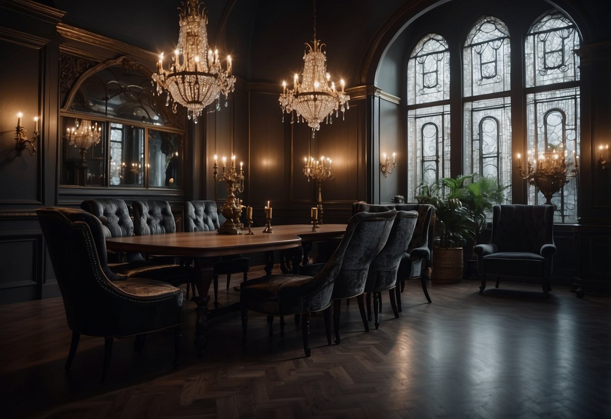 A dimly lit room with faux-stone wallpaper, ornate gothic furniture, and dramatic chandeliers