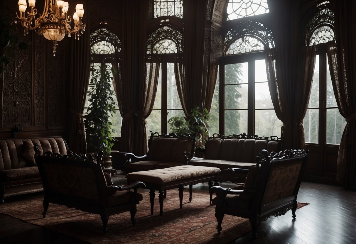 A dimly lit room with ornate, dark wood furniture. Heavy drapes cover the windows, casting eerie shadows. Intricate details and gothic motifs adorn the decor