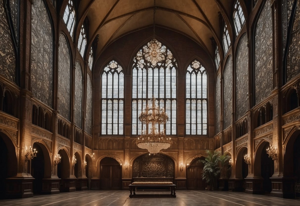 A grand hall with high ceilings, adorned with intricate tapestry wall hangings depicting gothic designs, adding a sense of drama and elegance to the interior decor