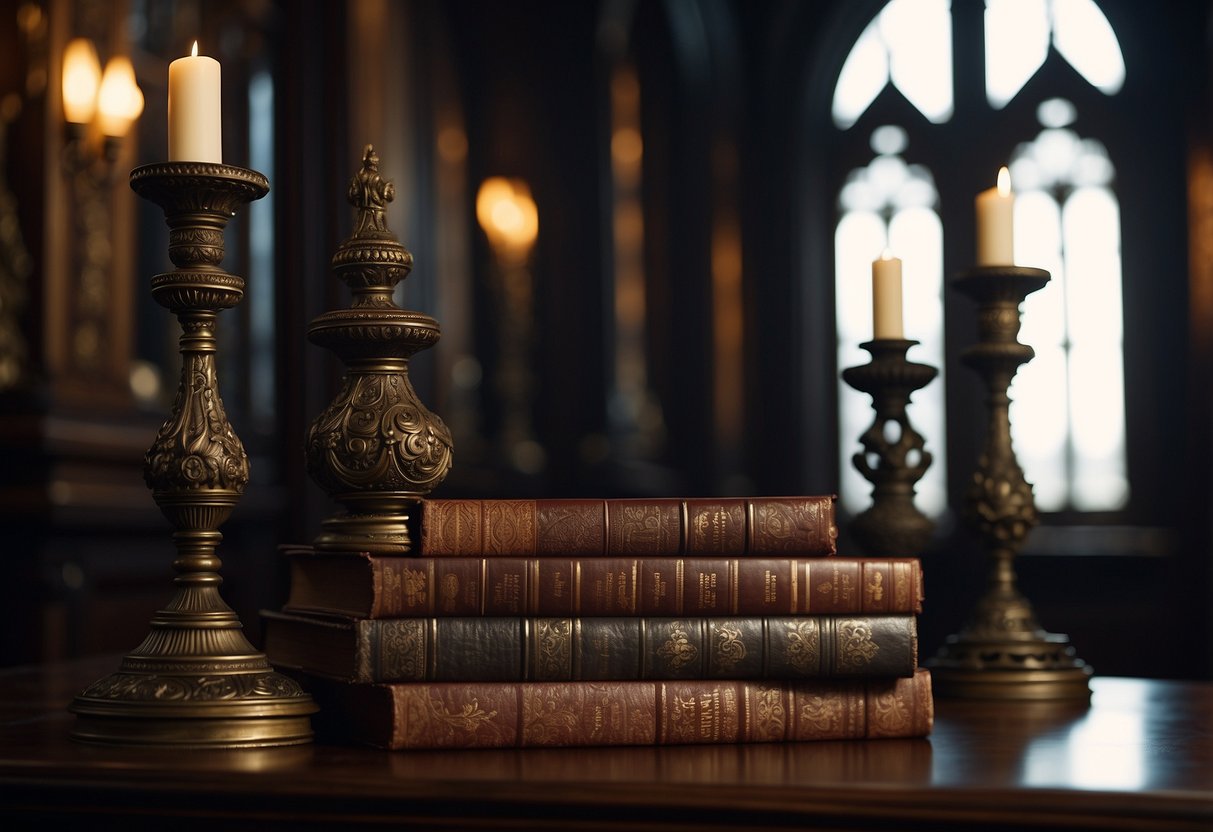 A dimly lit room with ornate iron bookends holding up antique leather-bound books, set against a backdrop of intricate gothic architecture and dark, richly colored tapestries