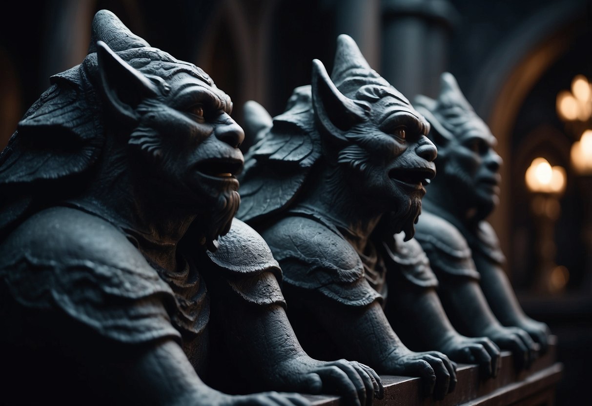 Gargoyle statues adorn a dimly lit, gothic interior, adding an eerie and mysterious atmosphere to the decor