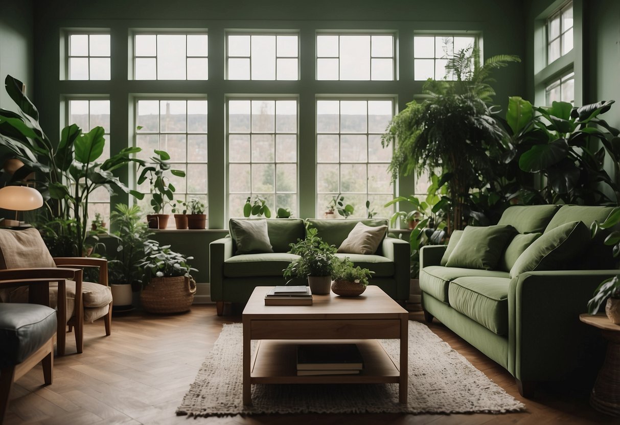 A cozy green living room with leafy plants, earthy-toned furniture, and natural light streaming in through large windows