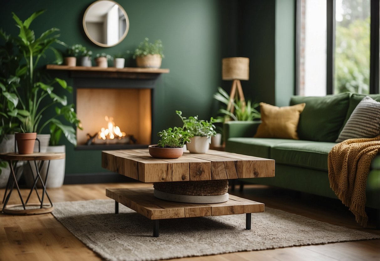 A reclaimed wood coffee table sits in a green living room, surrounded by plants and earthy decor, creating a cozy and sustainable home vibe