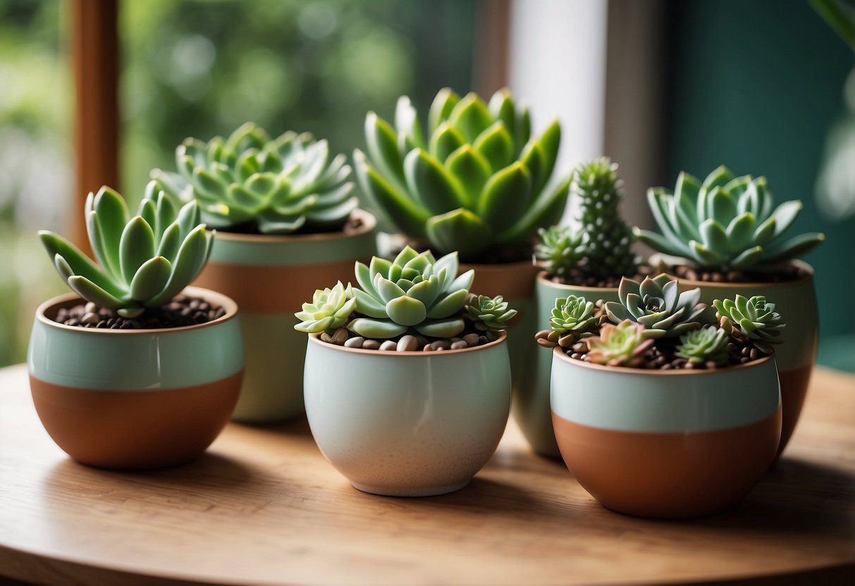 A variety of succulents arranged in decorative pots on a wooden coffee table in a bright, airy green living room