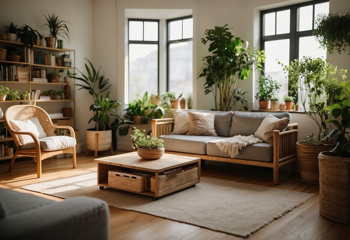 A cozy living room with eco-friendly furniture, featuring a bamboo coffee table, a reclaimed wood bookshelf, and a recycled fabric sofa. Plants and natural light complete the sustainable decor