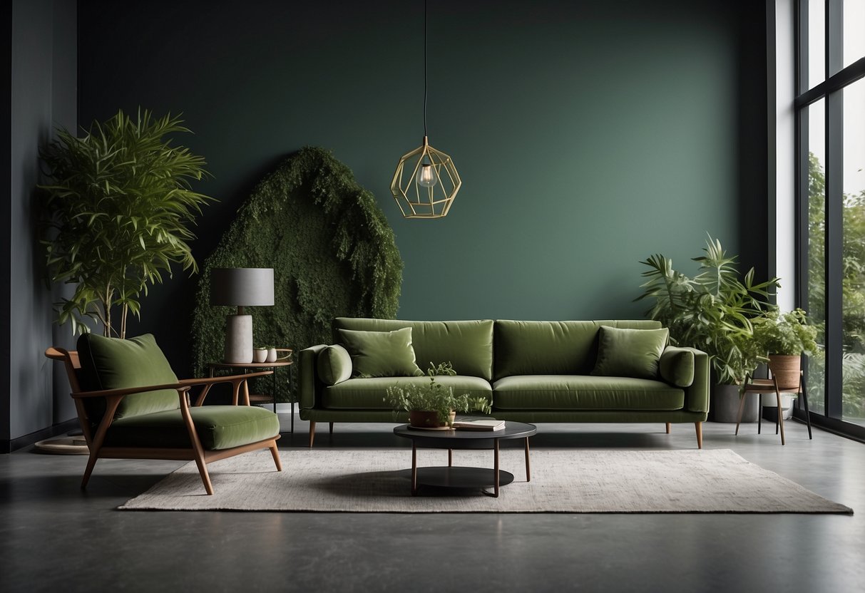 A living room with a moss green sofa, grey accent wall, and leafy green plants in modern, minimalist decor