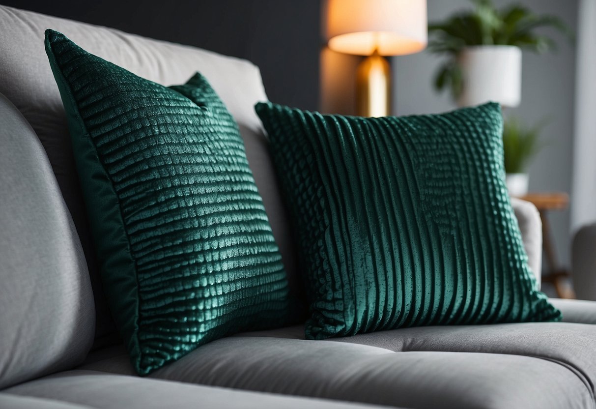 Emerald green throw pillows arranged on a grey couch in a modern living room with green and grey home decor accents