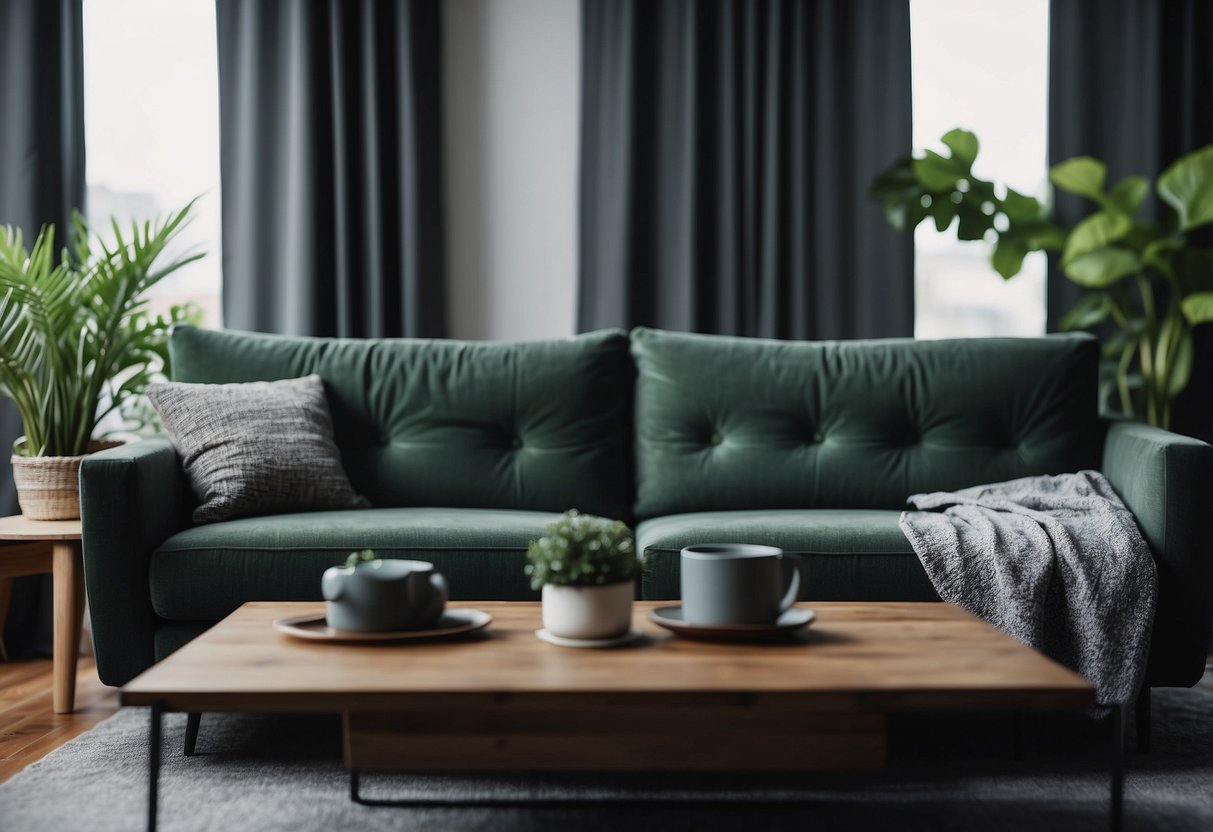 A charcoal grey sofa sits in a room with green and grey home decor accents