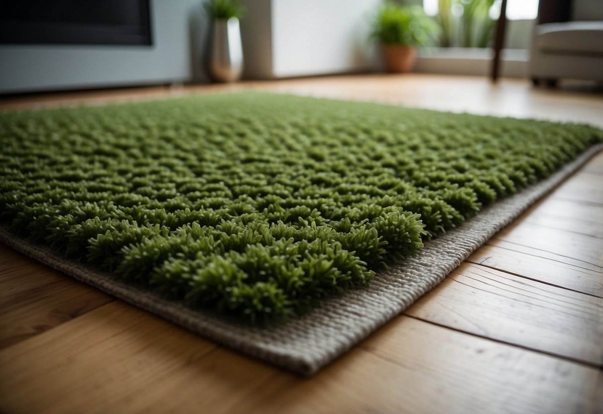 A moss green area rug lies in a cozy living room, surrounded by green and grey home decor accents