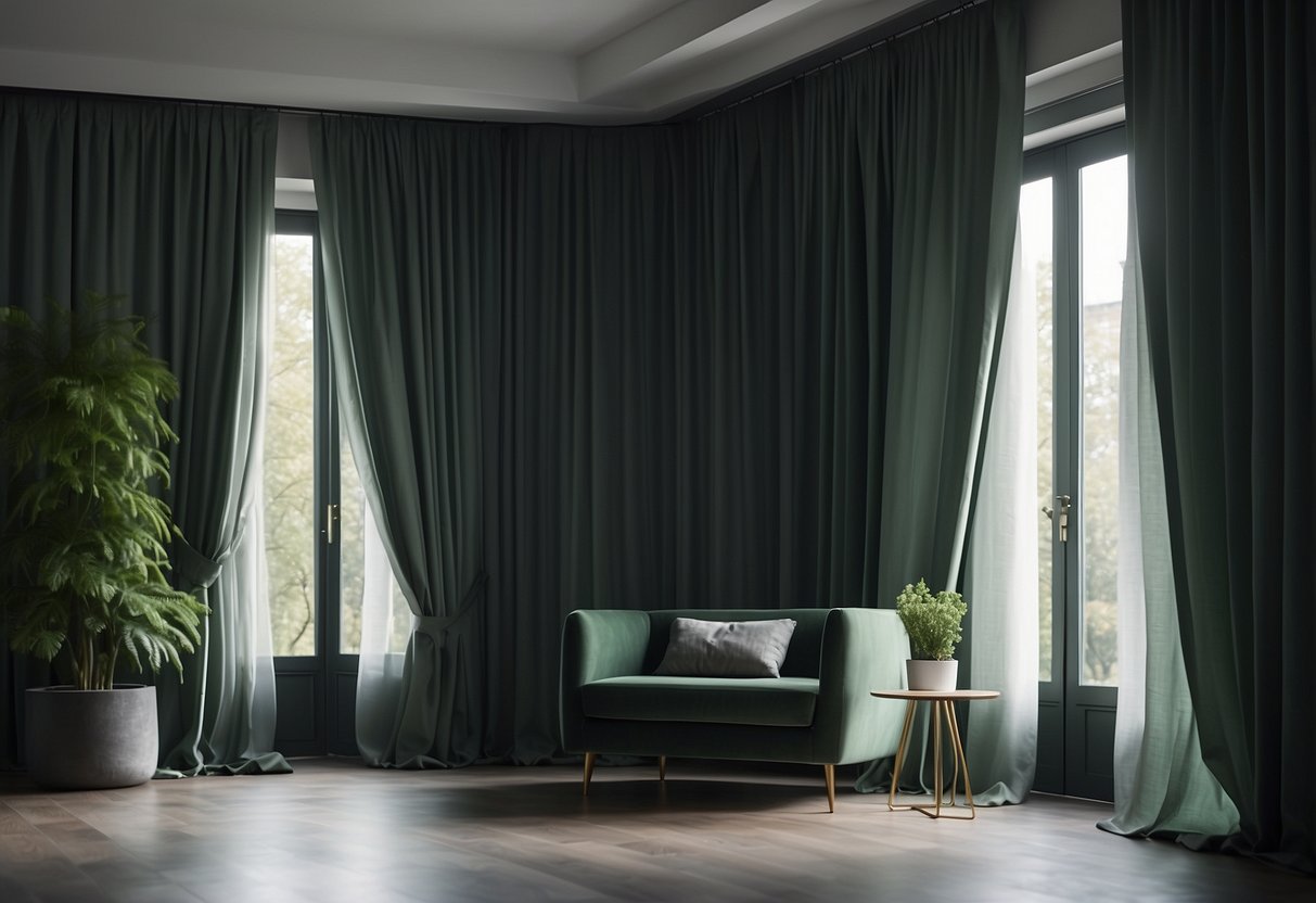 Slate grey curtains hang in a room with green and grey decor