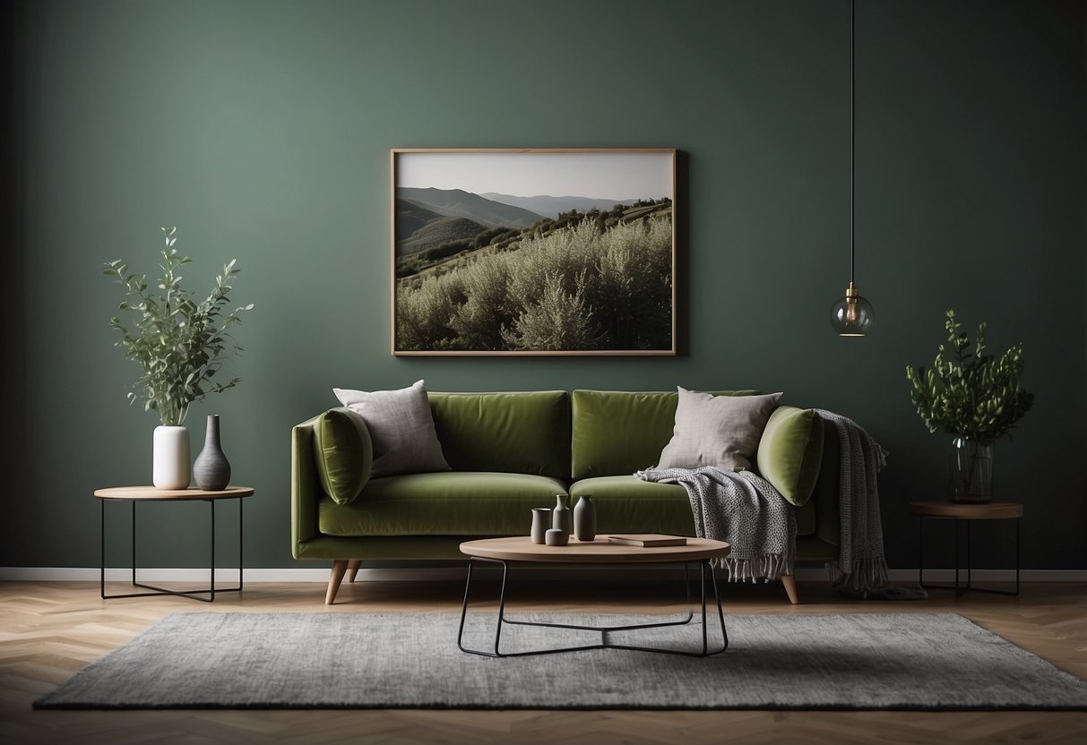 An olive green accent wall stands behind a modern grey sofa, complemented by green and grey home decor accessories