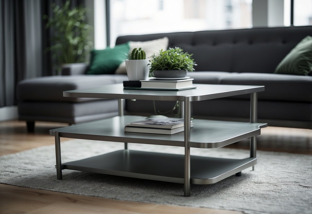 A pewter grey coffee table sits in a room adorned with green and grey home decor, creating a modern and sophisticated atmosphere