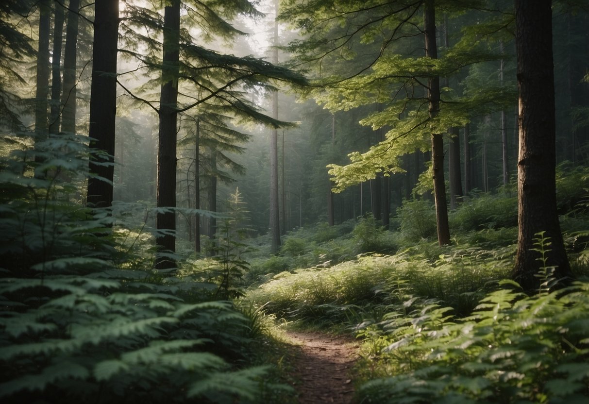 A tranquil forest scene with green and grey color palette, featuring trees, foliage, and natural elements for home decor inspiration