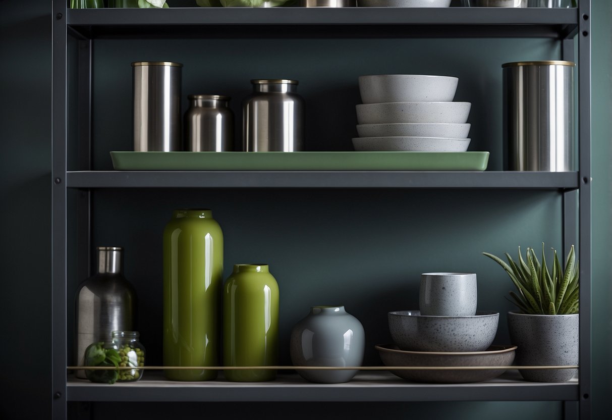 Gunmetal grey shelving filled with green and grey home decor items