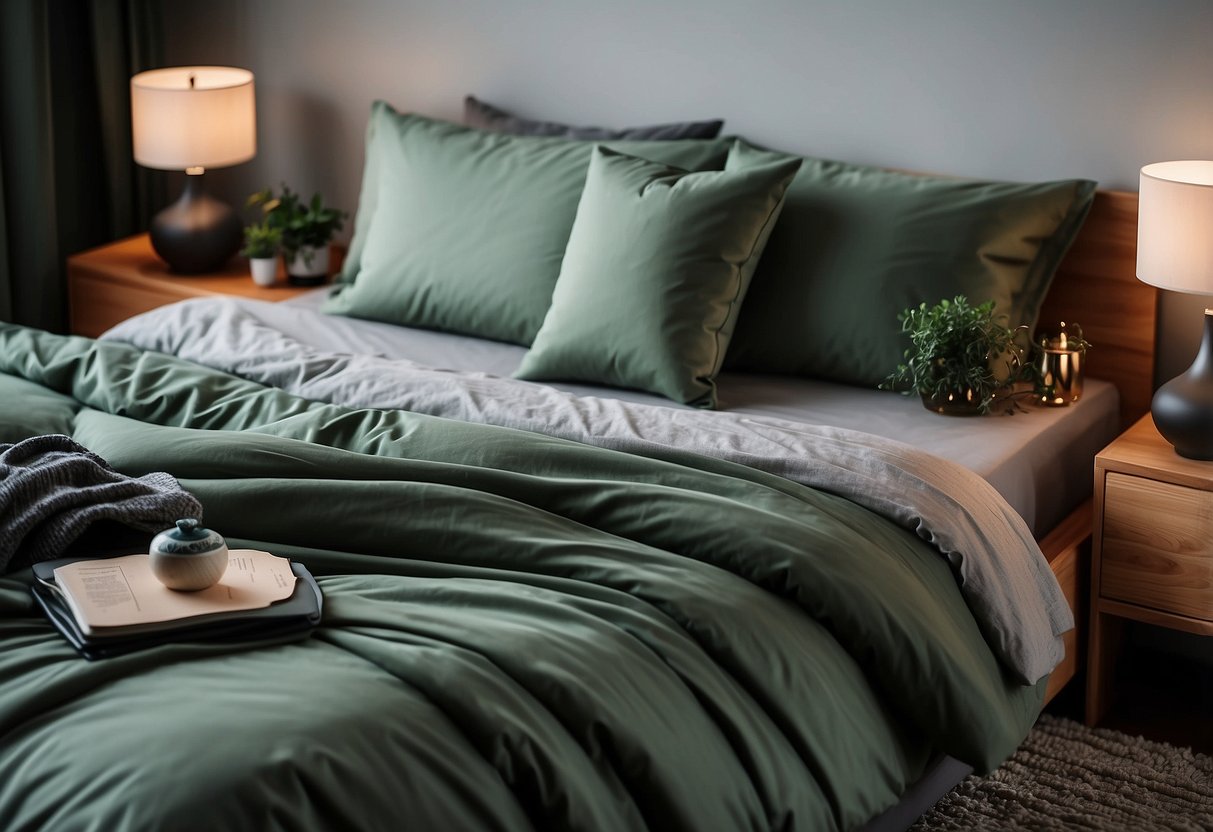 A bed with ash grey bedding set, surrounded by green and grey home decor accents