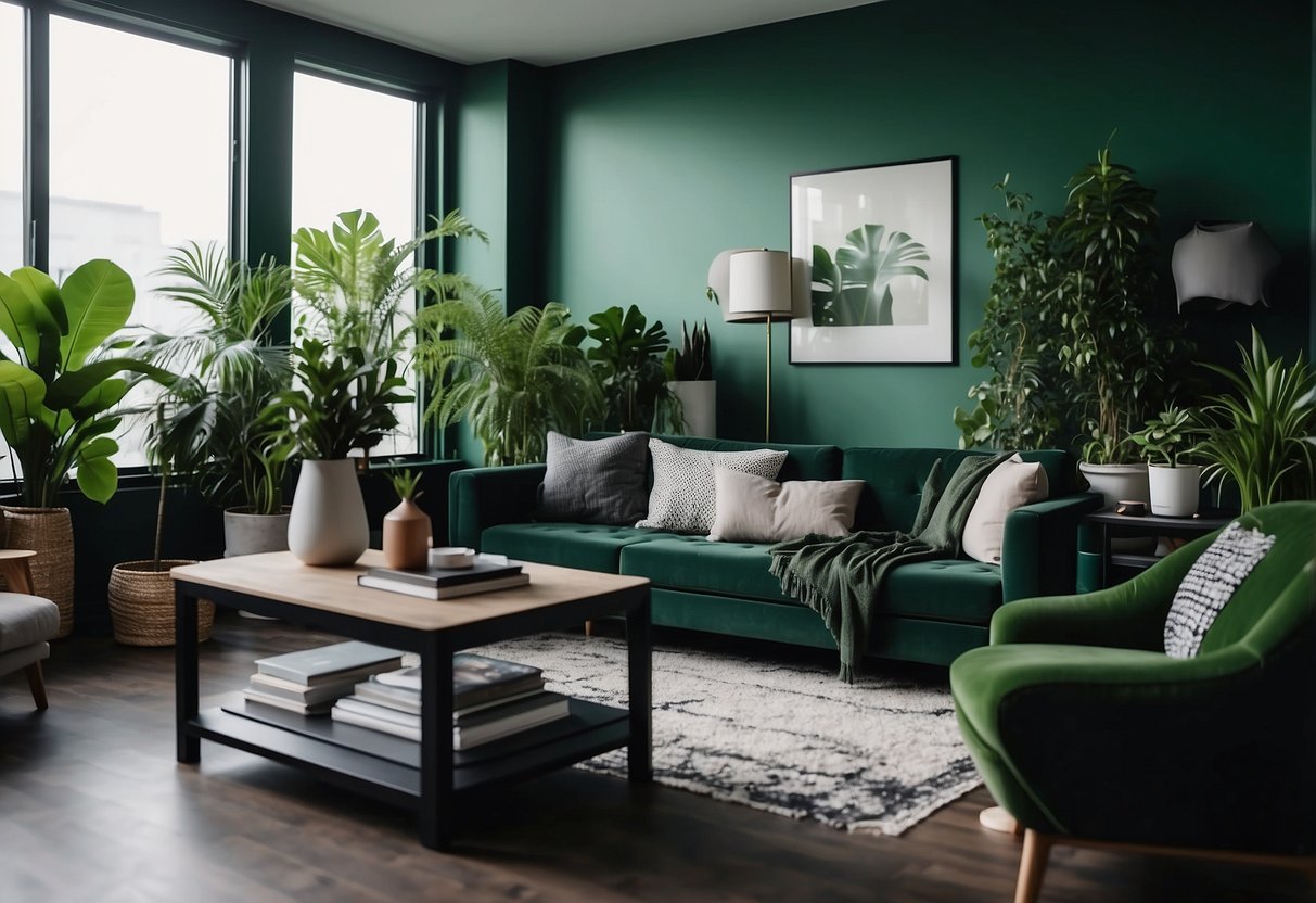 A modern living room with green accent walls, black furniture, and leafy plants