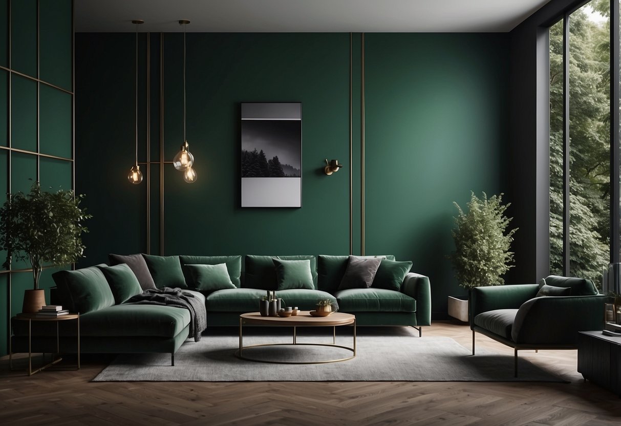 A forest green accent wall with black home decor accents