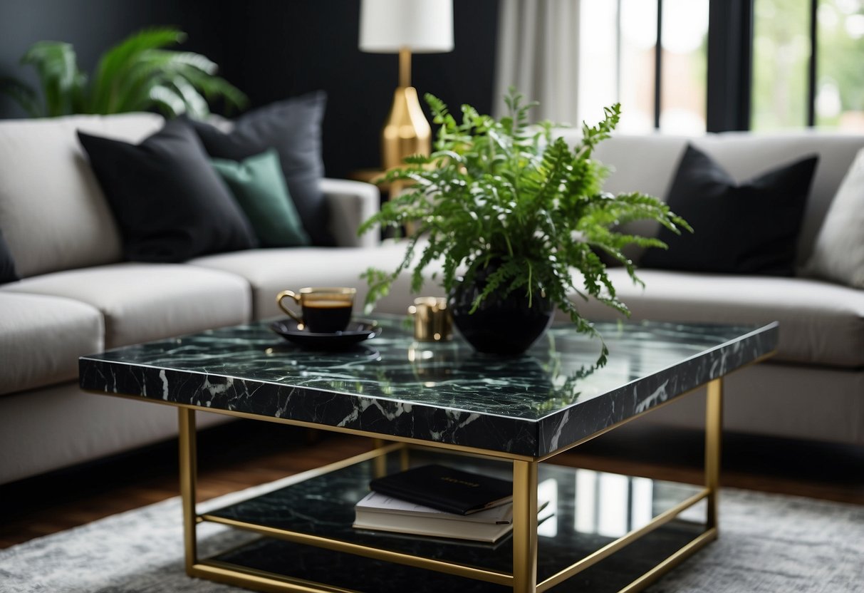 A sleek black marble coffee table sits in a modern living room, surrounded by green and black home decor accents