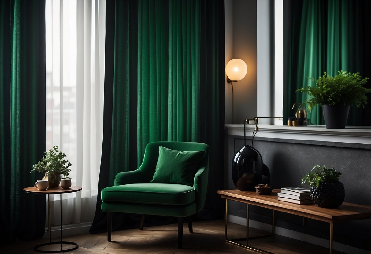 Hunter green curtains hang in a room with black and green home decor accents