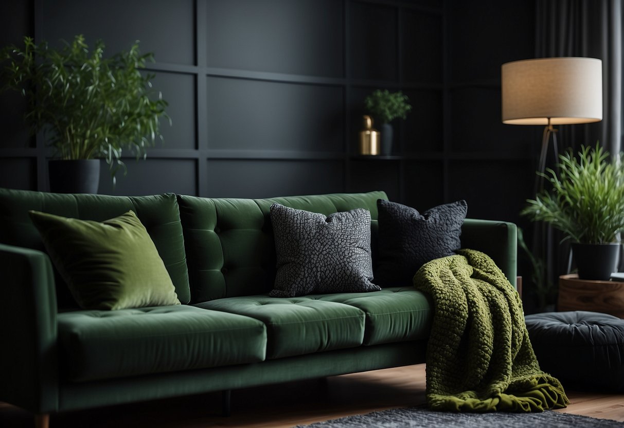 A cozy living room with a plush olive green throw pillow on a modern black sofa, surrounded by green and black home decor accents