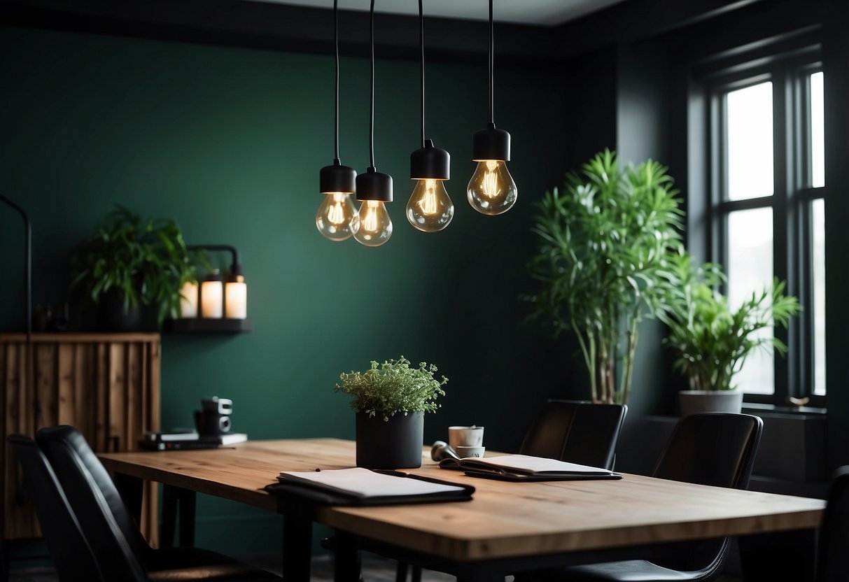 Matte black light fixtures hang above a room with green and black home decor