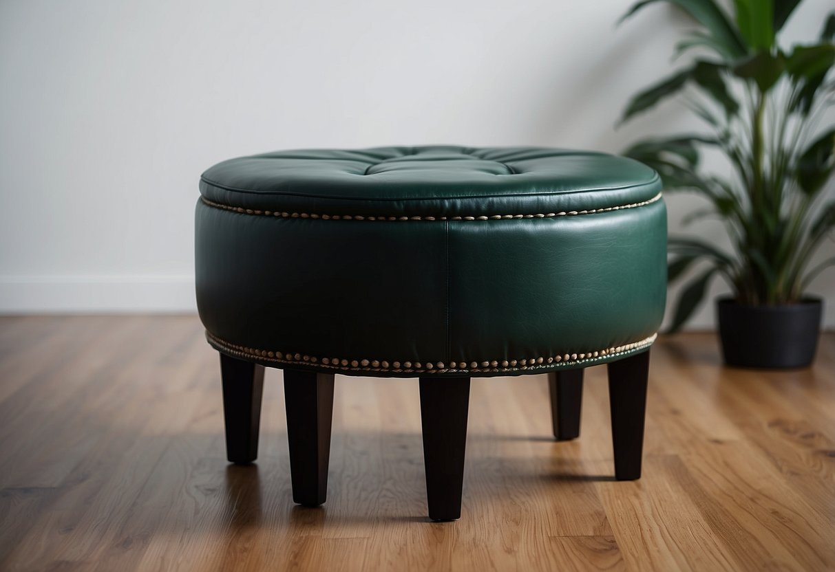 A black leather ottoman sits in a room with green and black decor