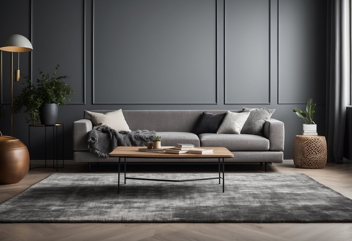 A grey living room with a plush sofa, sleek coffee table, and geometric rug. Minimalist wall art and a cozy throw blanket complete the modern decor