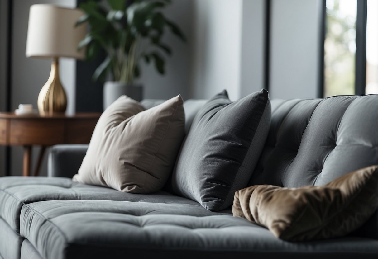 A grey living room with plush velvet accent pillows. Simple and elegant home decor ideas