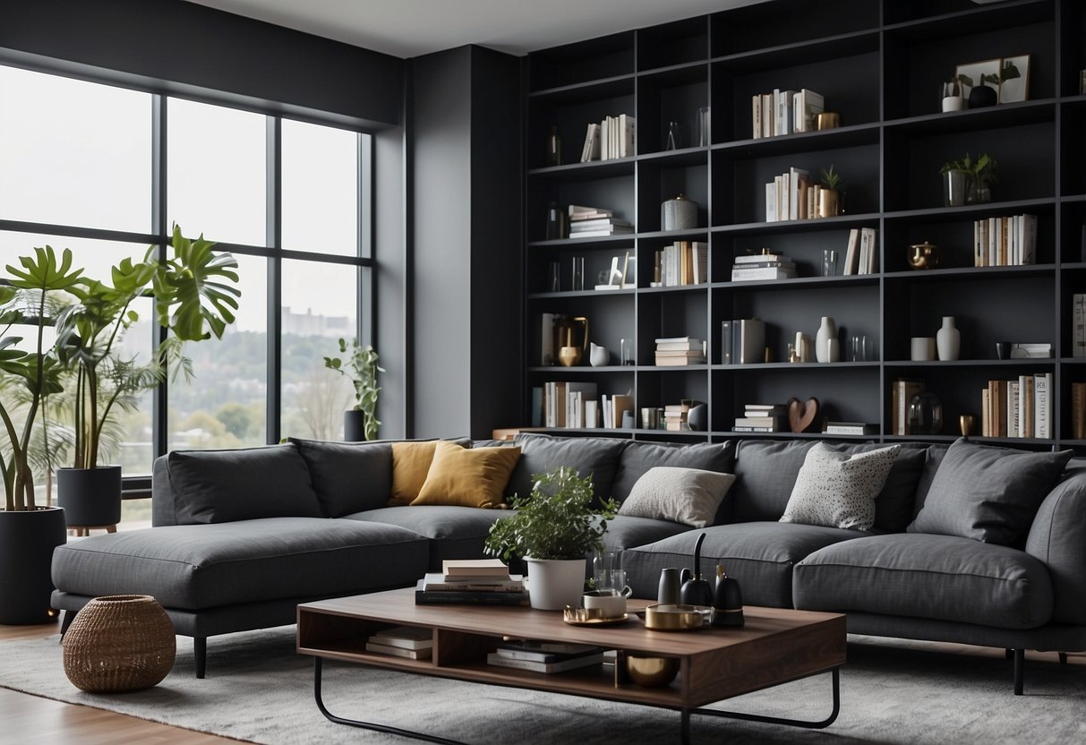 Dark grey bookshelves line the walls of a cozy living room, adding a modern touch to the home decor