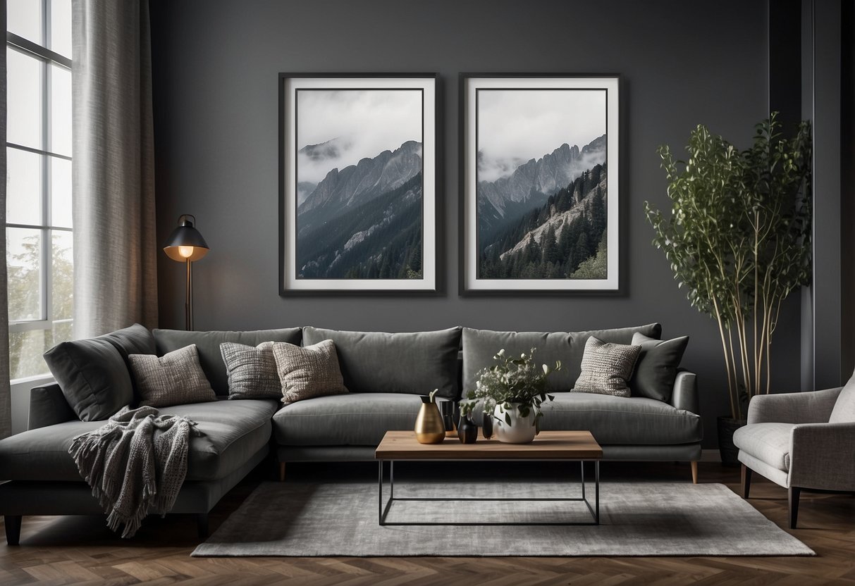 A pewter-framed wall art hangs in a grey living room, adding a touch of elegance to the modern home decor