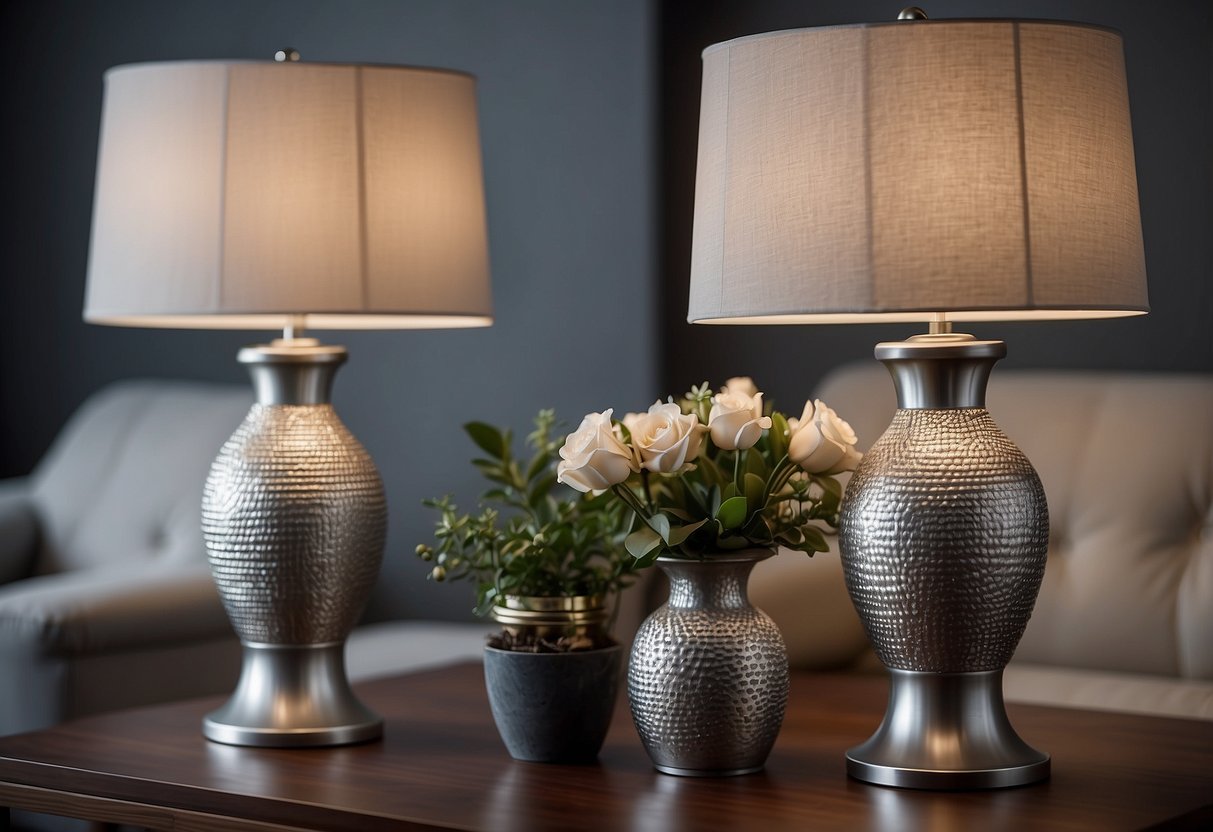 Two grey and silver table lamps illuminate a cozy living room with modern decor