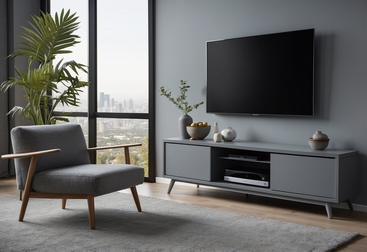 A sleek ash grey TV stand stands in a modern grey living room, complementing the home decor with its minimalist design