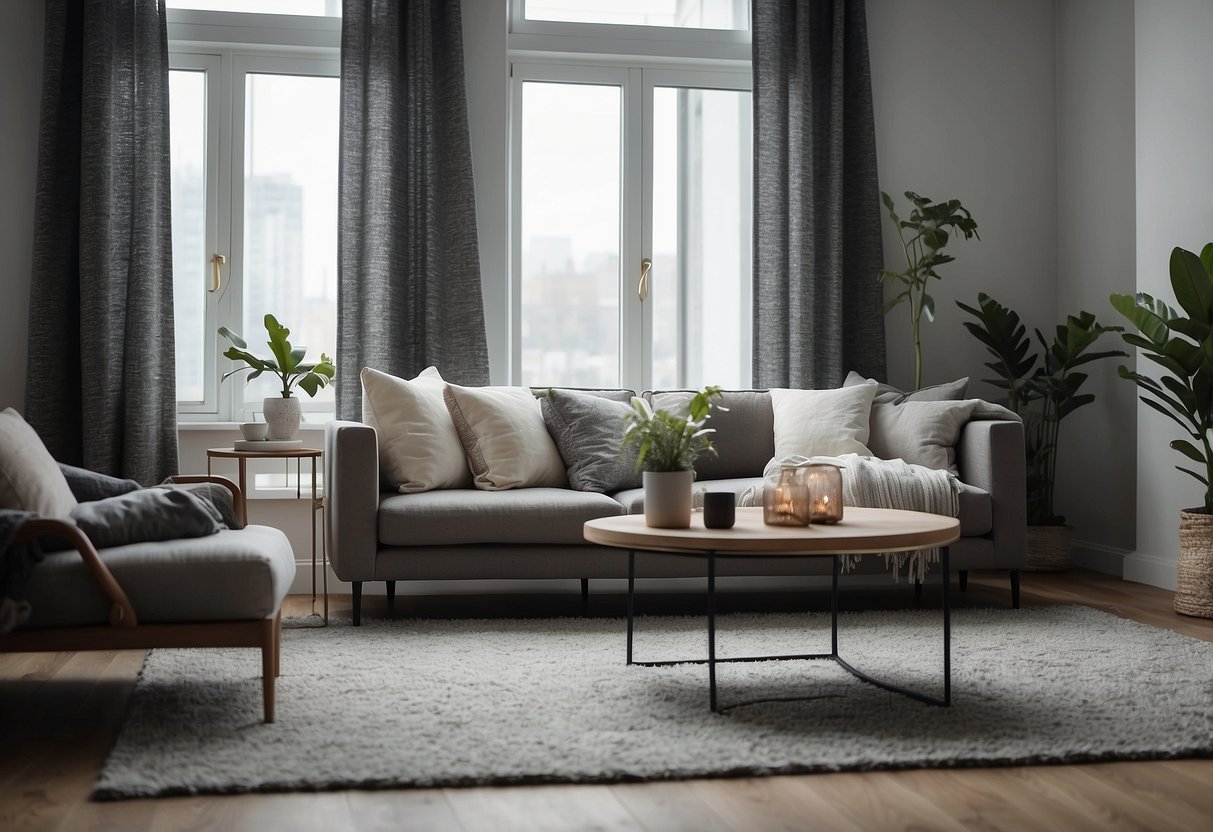 A cozy grey living room with a plush rug, textured throw pillows, and patterned curtains. A mix of soft and rough textures creates a comfortable and stylish space