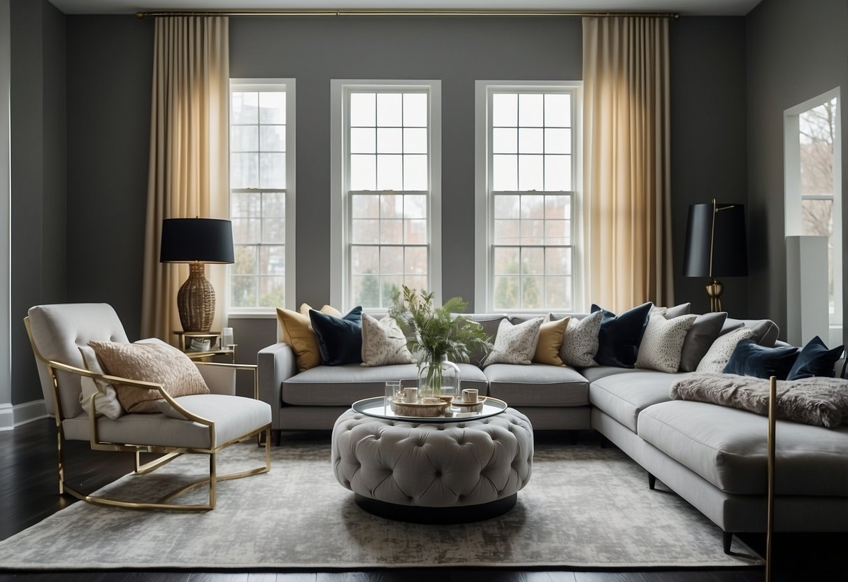 A grey living room with a plush sofa, sleek coffee table, and modern accent chairs. Decorative throw pillows, a geometric rug, and metallic accessories add a touch of elegance