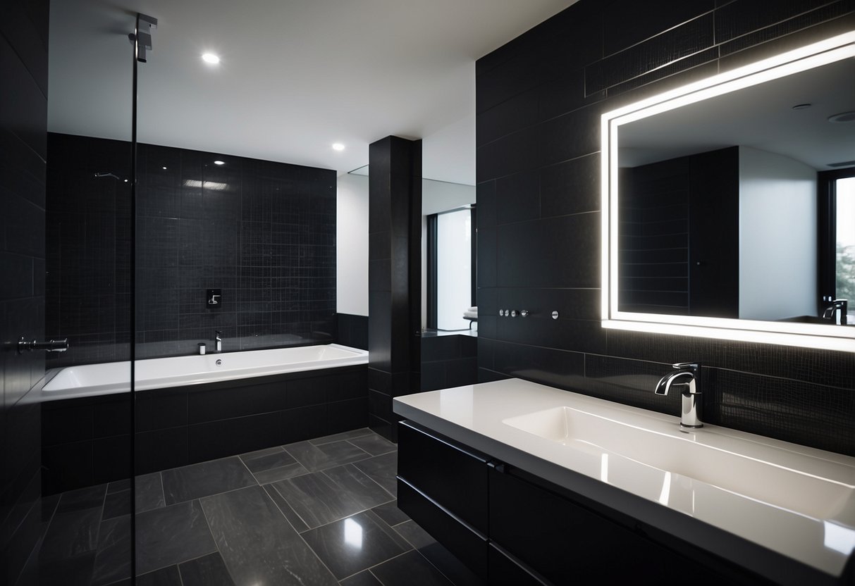 A modern guest bathroom with a sleek black and white color scheme, featuring a minimalist vanity, a large mirror, and a glass shower enclosure