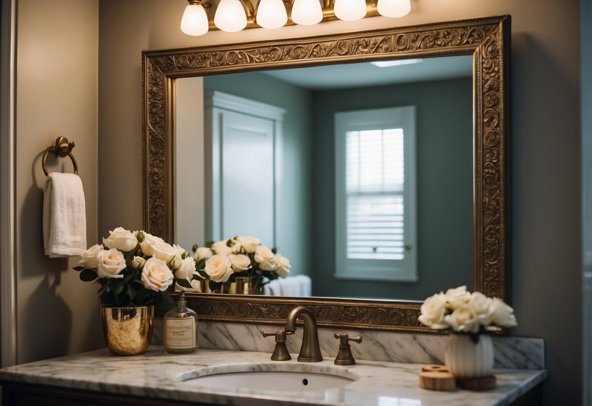 A vintage vanity mirror with ornate detailing sits on a marble countertop in a guest bathroom. The mirror reflects the soft glow of the vintage light fixtures, adding a touch of elegance to the space