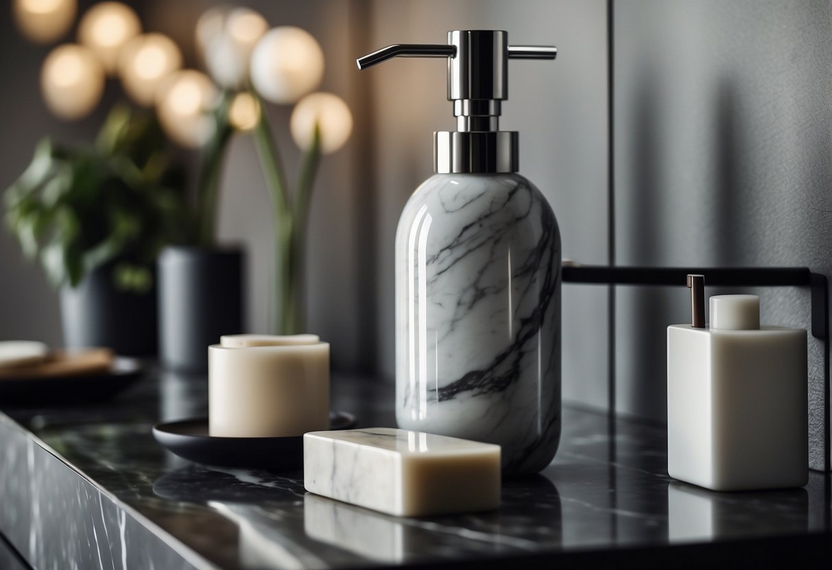 A sleek marble soap dispenser sits on a modern bathroom countertop, surrounded by minimalist decor and soft lighting