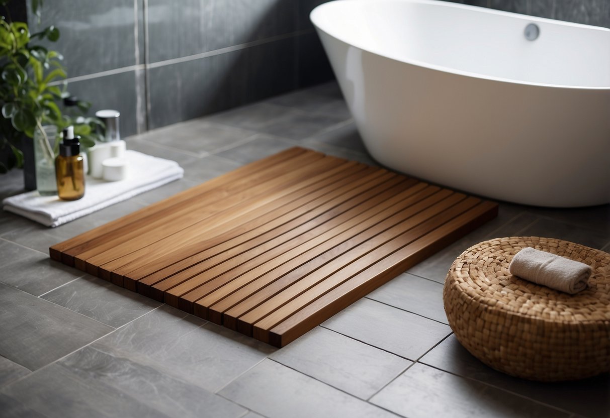 A teak bath mat lies on the tiled floor of a modern guest bathroom, adding a touch of natural warmth to the sleek decor