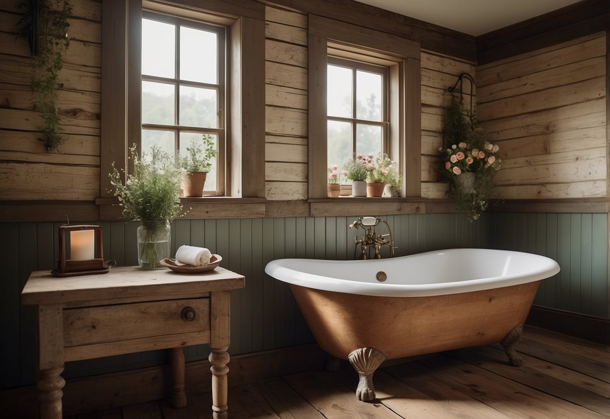 A rustic farmhouse bathroom with a vintage clawfoot tub, weathered wood accents, and a quaint floral wallpaper