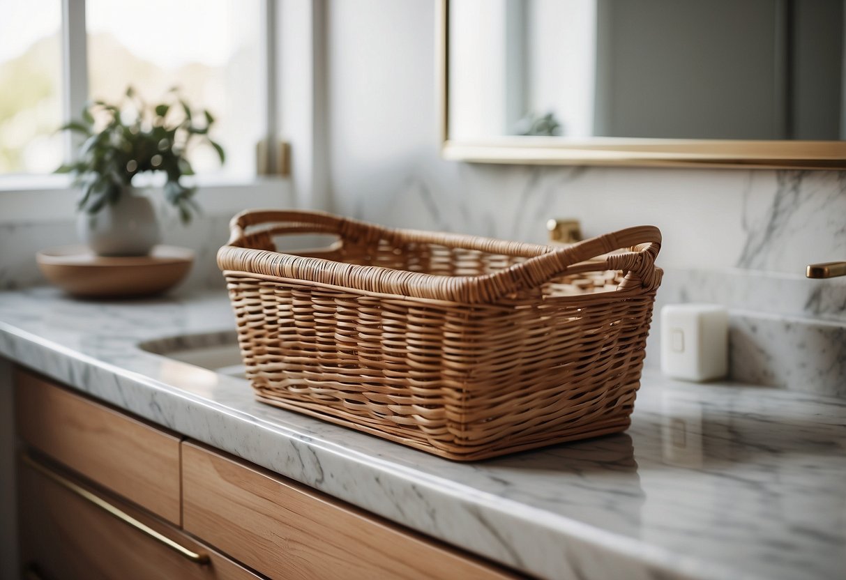 A wicker storage basket sits on a marble countertop in a clean and modern guest bathroom, adding a touch of natural and functional home decor