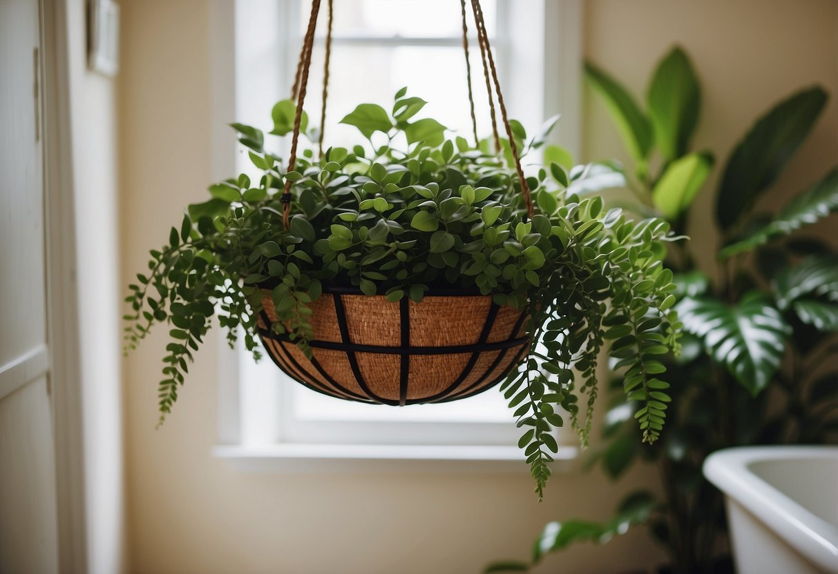 A lush hanging plant basket adorns the guest bathroom, adding a touch of natural beauty to the home decor