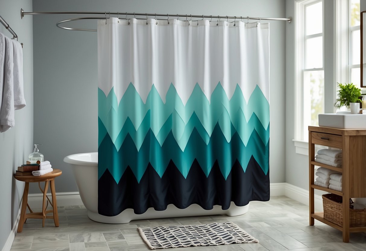 A chevron shower curtain hangs in a bright, clean guest bathroom, adding a modern touch to the home decor