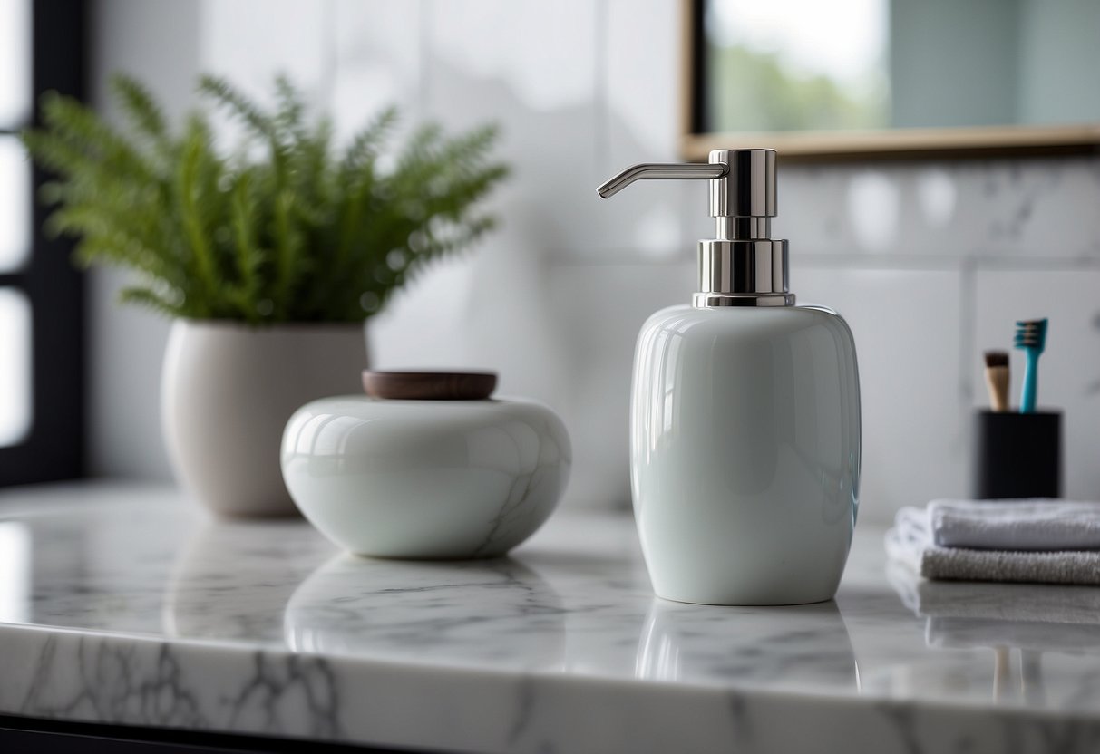 A modern ceramic toothbrush holder sits on a marble countertop in a clean, minimalist guest bathroom