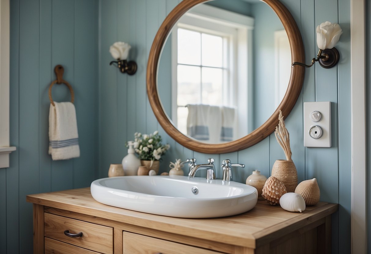 A guest bathroom with a coastal theme, featuring soft blue and white color scheme, seashell decor, and natural wood accents