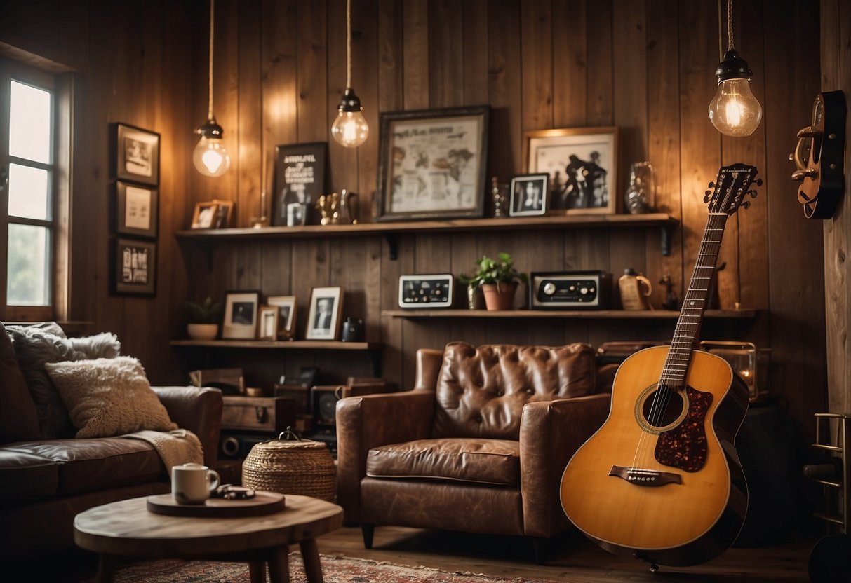 A living room with a rustic wooden shelf displaying various guitar-themed decor items, such as vintage posters, string lights, and a decorative acoustic guitar