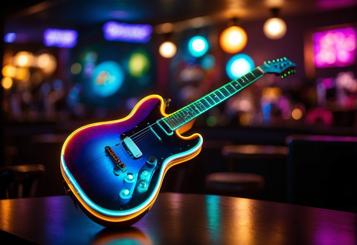 A vibrant neon guitar sign illuminates a dark room, casting a colorful glow on the walls and creating a lively atmosphere for any music lover's home decor